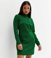 New Look Petite Green Jacquard Geometric High Neck Mini Dress